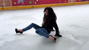 Zanotti shoes on ice, high heels on ice rink, helless shoes on ice rink, sandals on ice, girl on high heels walking on ice, high heels sliding