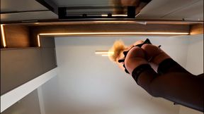 Amazingly Beautiful Hot and Horny Girl in Stockings in the Kitchen Flashes Her Tight Pussy and Ass