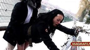 German Milf Rides BBC in Public Snow Show