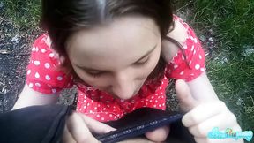 Girl sucks big dick and swallows cum in the forest