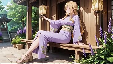 AI- Blonde in Lavender! Kneeling barefoot under the red Torii gate, her andouf fluttering in the breeze. That elusive side profile and deep gaze... what secrets does this shrine hold?