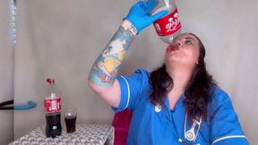 Nurse Ffw Having Fizzy Drink and Burping
