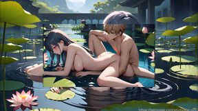 Nude Hentai Girl Having Fun with Boy & Girl in a Water Pool