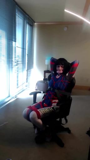 Crossdresser in D Va Bodysuit Tied to a Gaming Chair Pa