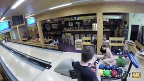 ”Guy penetrates attractive sexy girl while cuckold plays bowling”
