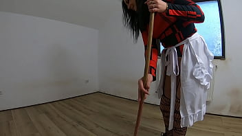 Nympho Maid Masturbates with Broom &amp_ Mop While Cleaning an Abandoned House