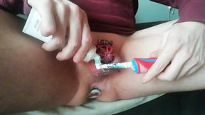 Sissy cbt, toothpaste in peehole, ballbust, hurt with sandpaper and lighter, plug ass and lock tiny chastity