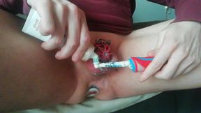 Sissy cbt, toothpaste in peehole, ballbust, hurt with sandpaper and lighter, plug ass and lock tiny chastity