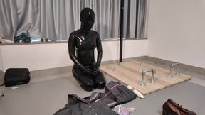 Helpless Chinese Girl in Shiny Black Latex Catsuit - Full Hood, Kneeling Bondage & Intense Struggle 50 Min