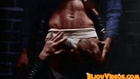 Blonde stud in leather jacked eats ass after sucking dick