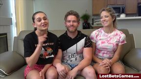A strip indoor basketball game with two hot girls and one lucky guy
