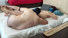 Foreplay in the bedroom with an amateur couple. Amateur wife does yoga naked, hairy pussy, big ass.
