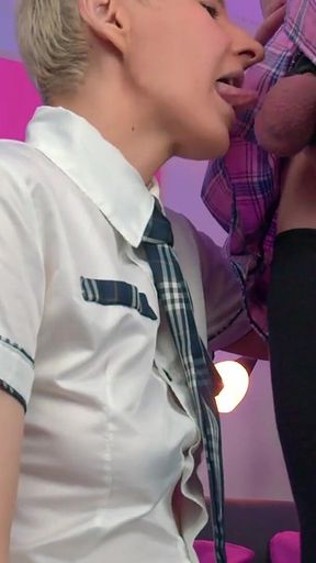 Locked femboy slave's balls and girl's tongue