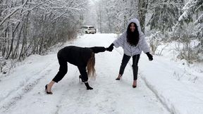 Two girl trying to walk on stilettos on icy road, slippery slilettos, Louboutins on ice, slippery Louboutins