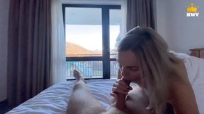 Neighbor’s visit turns into a mouthful of cum and a fucked pussy