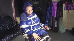 Sandra bound and gagged in shiny nylon downwear