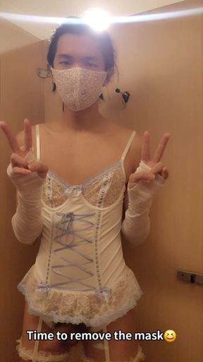 Exhibitionist CD White Lingerie Princess Cum in Public Toilet