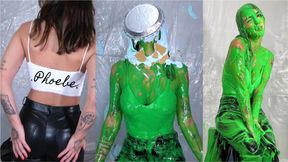 Phoebe Is Green Slimed and Pied in Tight Leather Pants