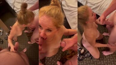 Red hot wife takes two dicks in her mouth cum dripping down her face