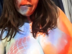 Busty curly brunette with big boobs fucks on couch