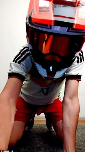 Young Gay in Soccer Uniform and Helmet Jerks off on Camera