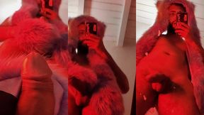 red fluffy devil with a big uncut cock fills the mirror with cum