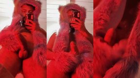 red fluffy devil with a big uncut cock fills the mirror with cum