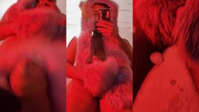 red fluffy devil with a big uncut cock fills the mirror with cum