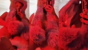 red fluffy devil with a big uncut cock fills the mirror with cum