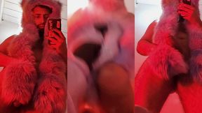 red fluffy devil with a big uncut cock fills the mirror with cum