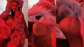 red fluffy devil with a big uncut cock fills the mirror with cum