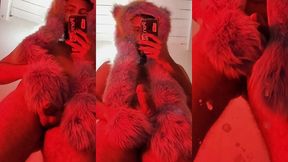 red fluffy devil with a big uncut cock fills the mirror with cum