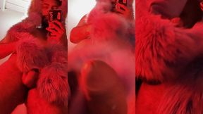 red fluffy devil with a big uncut cock fills the mirror with cum