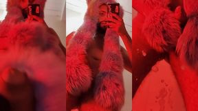 red fluffy devil with a big uncut cock fills the mirror with cum