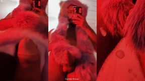 red fluffy devil with a big uncut cock fills the mirror with cum
