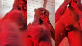 red fluffy devil with a big uncut cock fills the mirror with cum