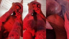 red fluffy devil with a big uncut cock fills the mirror with cum