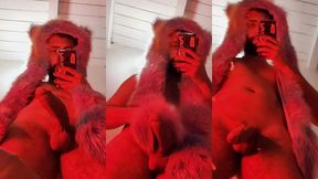 red fluffy devil with a big uncut cock fills the mirror with cum