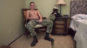 Young soldier in uniform strips naked and starts to wank off