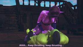 Elf in the pose of a rider satisfies an orc