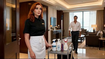 Room service? Beautiful redhead has sex with the owner of a suite (AI-generated video)