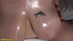 Hairy bush BBW housewife oiled her extreme monster boobs