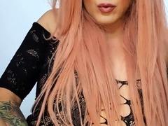 Tranny with big tits tugs on her big cock