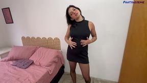 cute brunette in black pantyhose and high heels seduces neighbor into fucking her while her boyfriend is gone