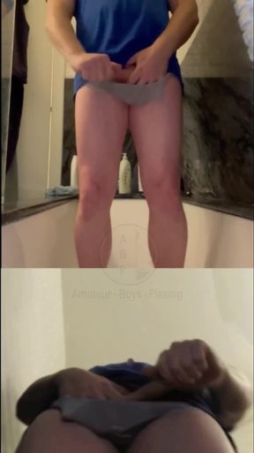 Amateur Guy Pissing in the Bathtub After Desperation, and Wetting His Undies