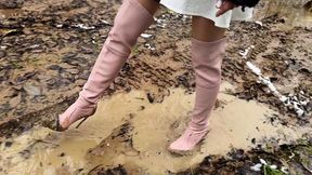 Casadei Blade Authentic over the knee boots in mud and swamp, high heels boots in mud, high heels boots in swamp, boots in swamp, girl in swamp, new boots in mud
