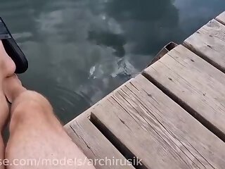 Two cocks stuck together in twink and daddy's cum in public on the beach ! Exclusive hot!