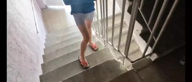 Daddy and twink fucked roughly on the stairs near the neighbors , fucked without condoms , sprayed everything with cum