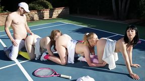 Three Besties Triple Team Their Trainer on a Tennis Court Human Centipede Style