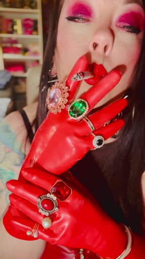 Latex Gloves, Jewellery &amp; A Smoking Queen! Tina Snua Soking A Cigarette &amp; Showing Off Her Gloved Hands - Drifting Dangles Rings